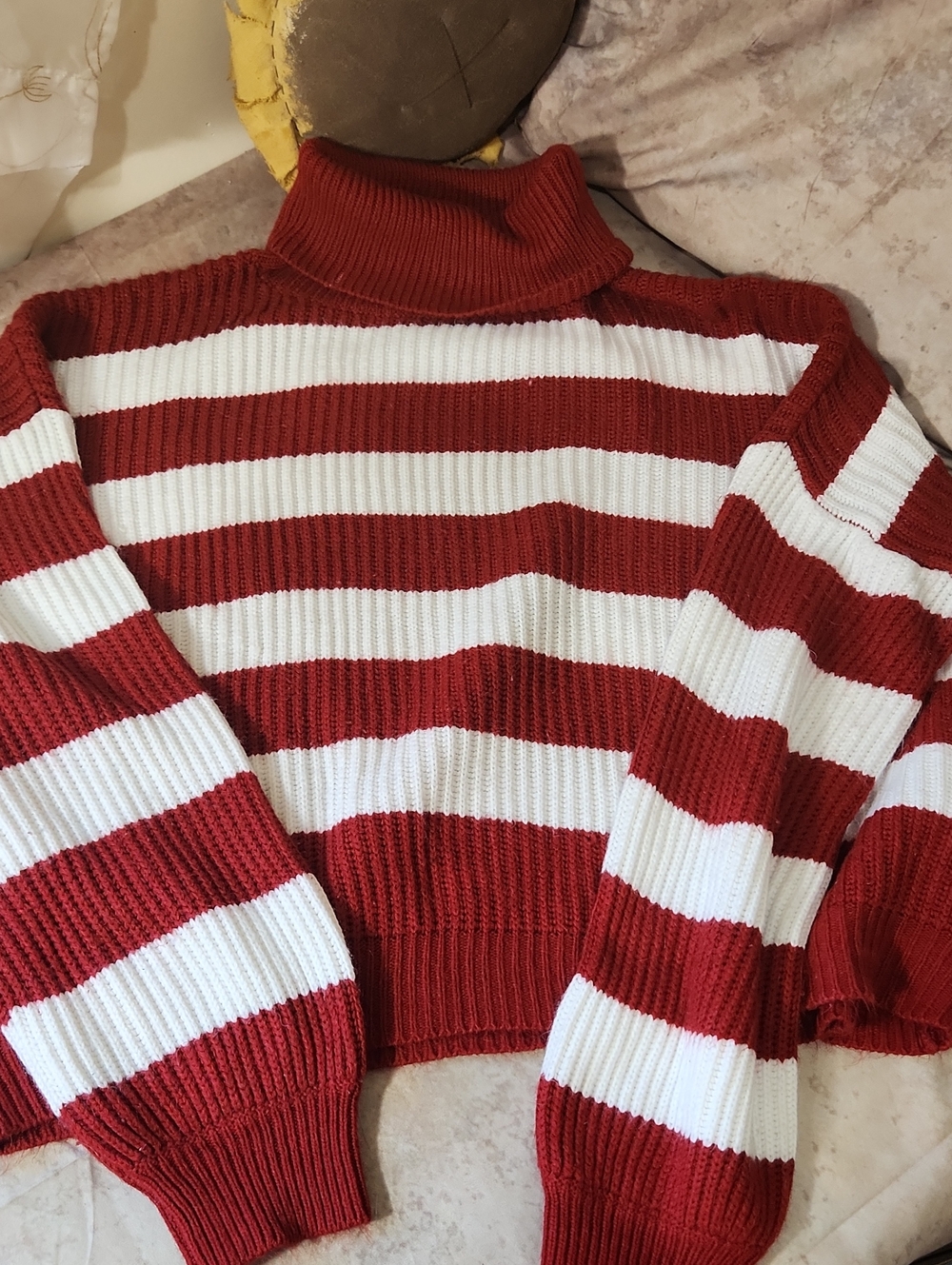SHEIN Red and White Striped Turtleneck Sweater